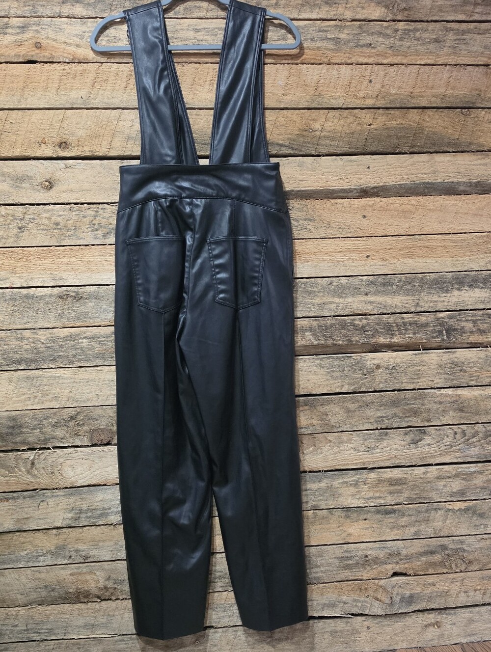 Zara Faux Leather Suspender Jumpsuit Black Vegan Leather Overalls Size Small NWT